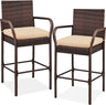 Set of 2 Wicker Bar Stools, Indoor Outdoor Bar Height Chairs w/Cushion, Footrests, Armrests for Backyard, Patio, Pool, Garden, Deck - Gray