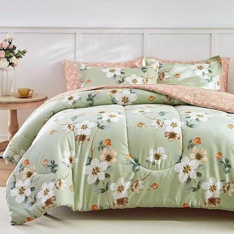 Bed in a Bag 7 Pieces Queen Size - Floral Print - Soft Microfiber, Reversible Bed Comforter Set