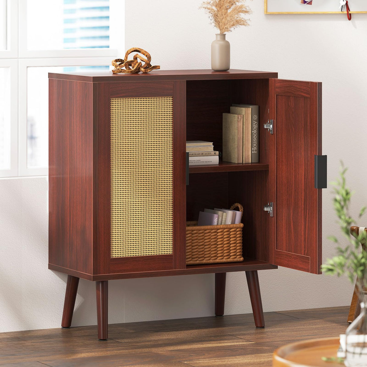 Rattan 2-Tier Home Storage Cabinet, Accent Kitchen Cabinet with Door,