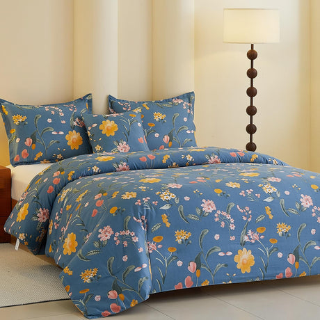 Blue King Comforter Set, Lightweight Elegant Flower Bed Set Comforter for All Season