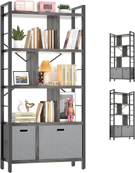 Tall Bookshelf with Drawers - 5 Tier Bookcase Modern Book Shelf Display Standing Shelf Units with Storage, Wood and Metal Bookshelves for Living Room, Bedroom, Home Office, Rustic Brown