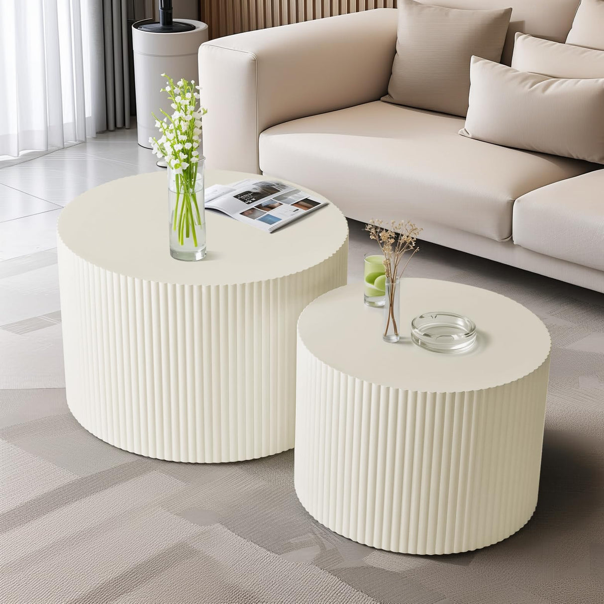 Nesting Coffee Table Set of 2, Modern Drum Side Table End Table