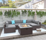 Outdoor 7 Pieces Sectional Sofa w Fire Table, Dark Brown Rattan Patio Furniture w 32-inch