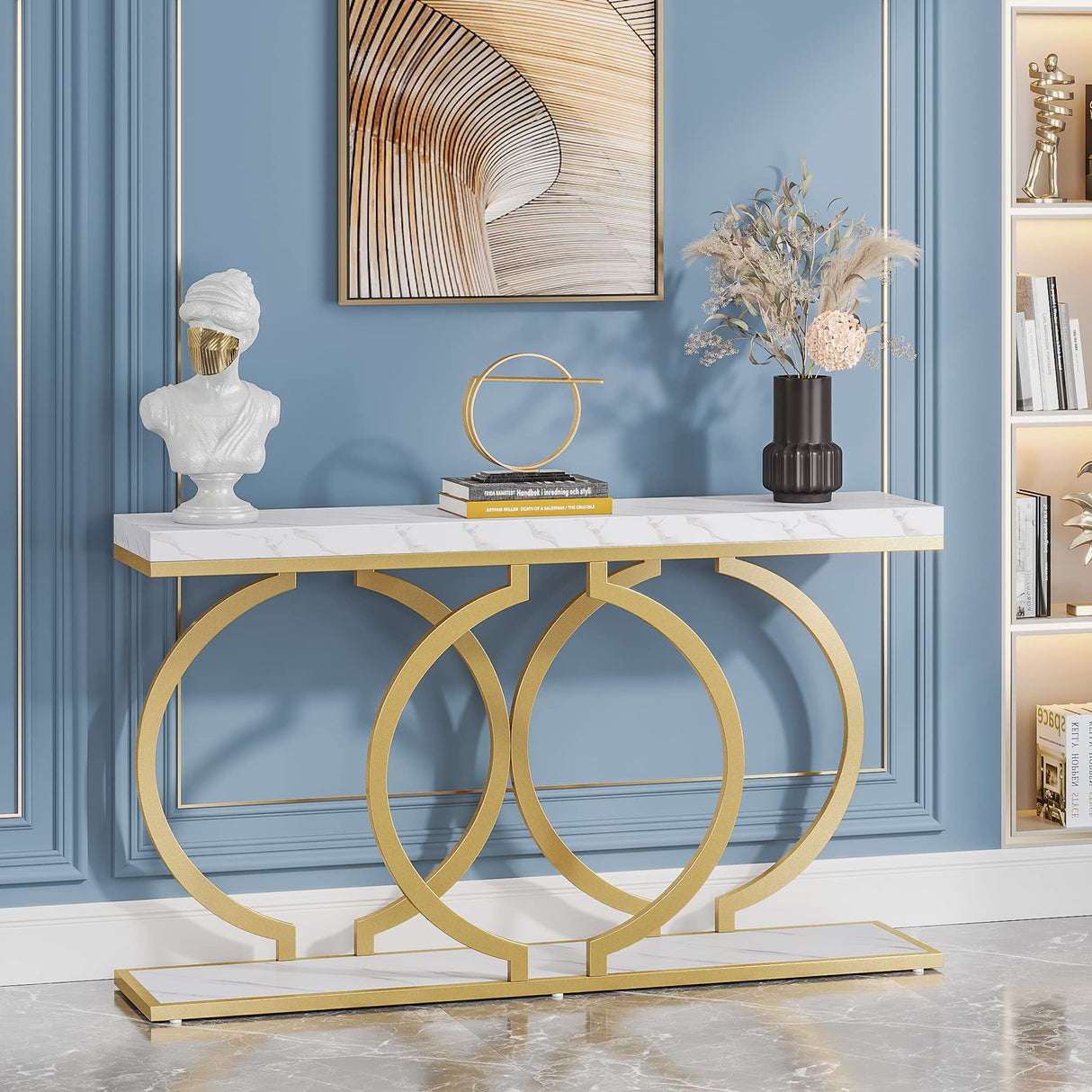 Gold Console Table, 55 inch Faux Marble Entryway Table Narrow Long Sofa Table