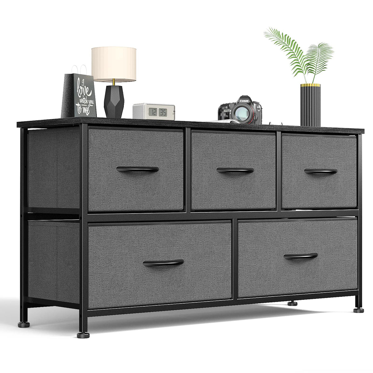 Bedroom 5 Fabric Drawers Dresser Clothes Cabinet Storage Organizers and Wood Top