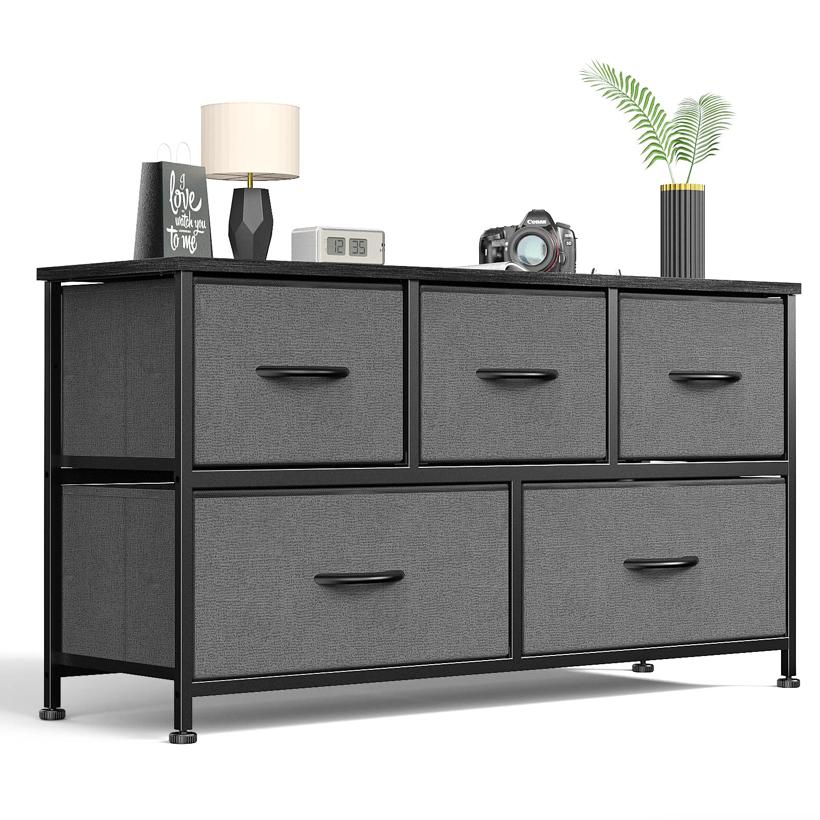 Bedroom 5 Fabric Drawers Dresser Clothes Cabinet Storage Organizers and Wood Top