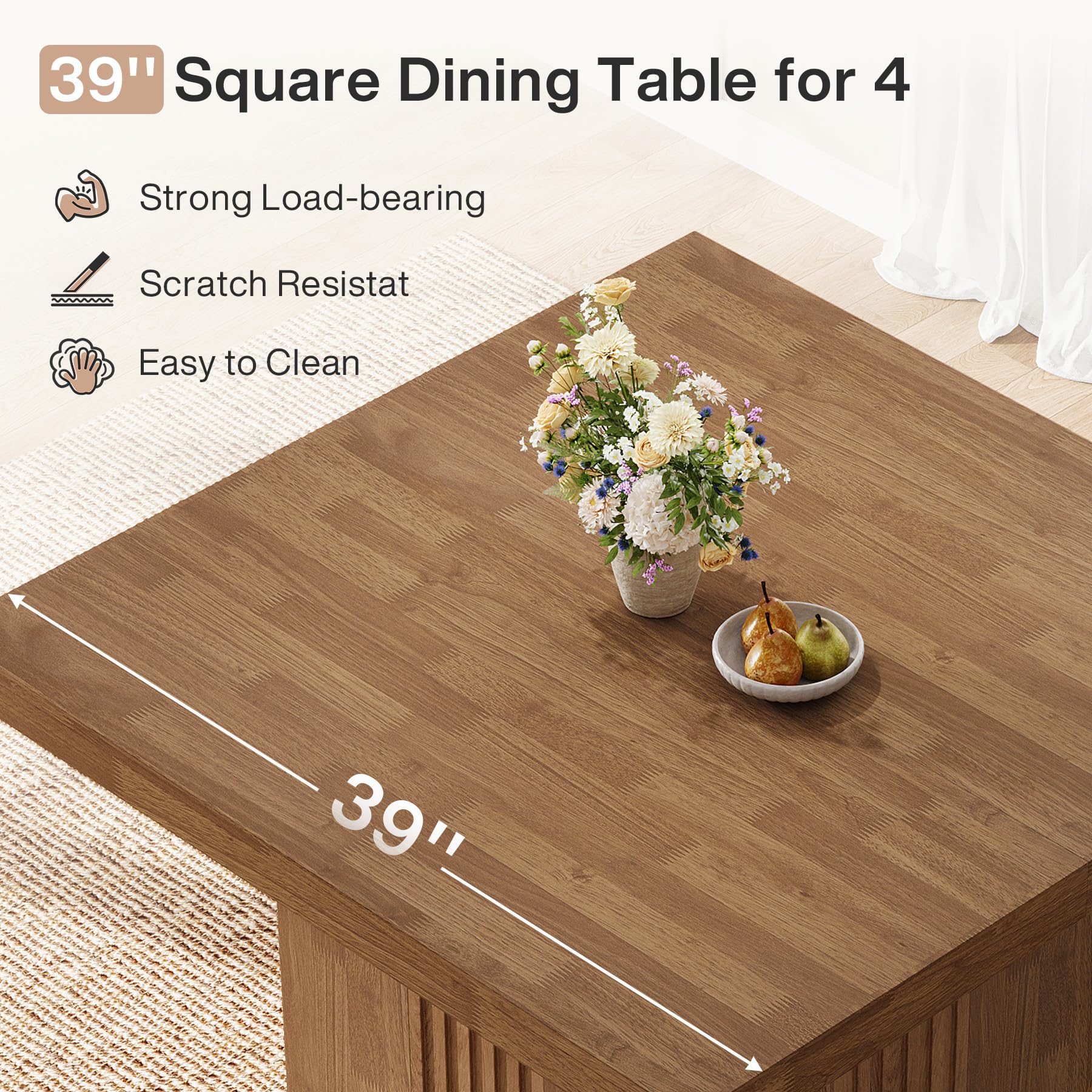 39-Inch Square Dining Table for 4 with Fluted Pedestal Base