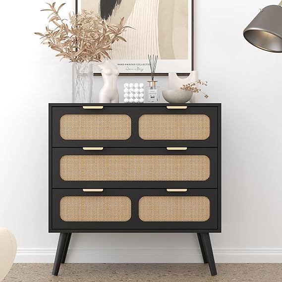 3 Drawer Dresser, Modern Rattan Dresser Chest with Wide Drawers and Metal Handles