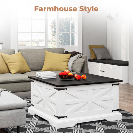 Farmhouse Coffee Table with Storage, Square Center Table for Living Room, Rustic