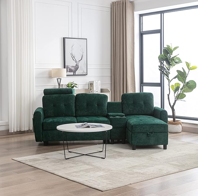 Sofa Bed with Reversible Chaise Longue, Beige Modern L-Shaped Couch