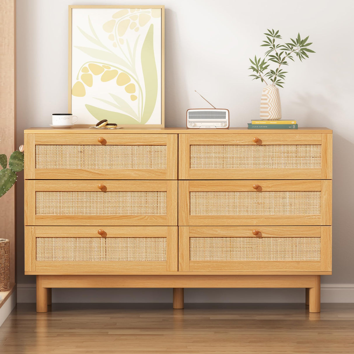 6 Drawer Rattan Dresser, 48" Modern Double Dresser for Bedroom, Wide Chest of Drawers, Wood Storage Cabinet for Bedroom, Entryway, Living Room, Hallway