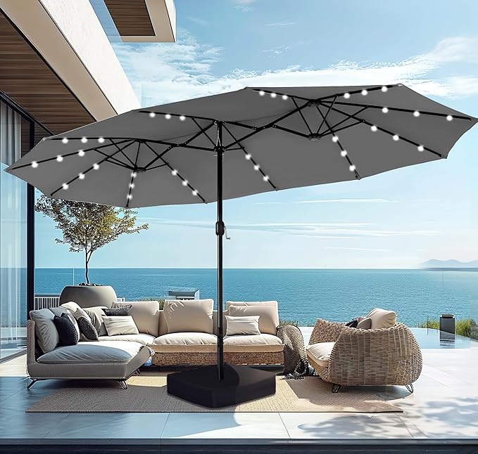 15ft Large Patio Umbrella with Base & Solar Lights, Double-Sided Outdoor Rectangle Umbrellas