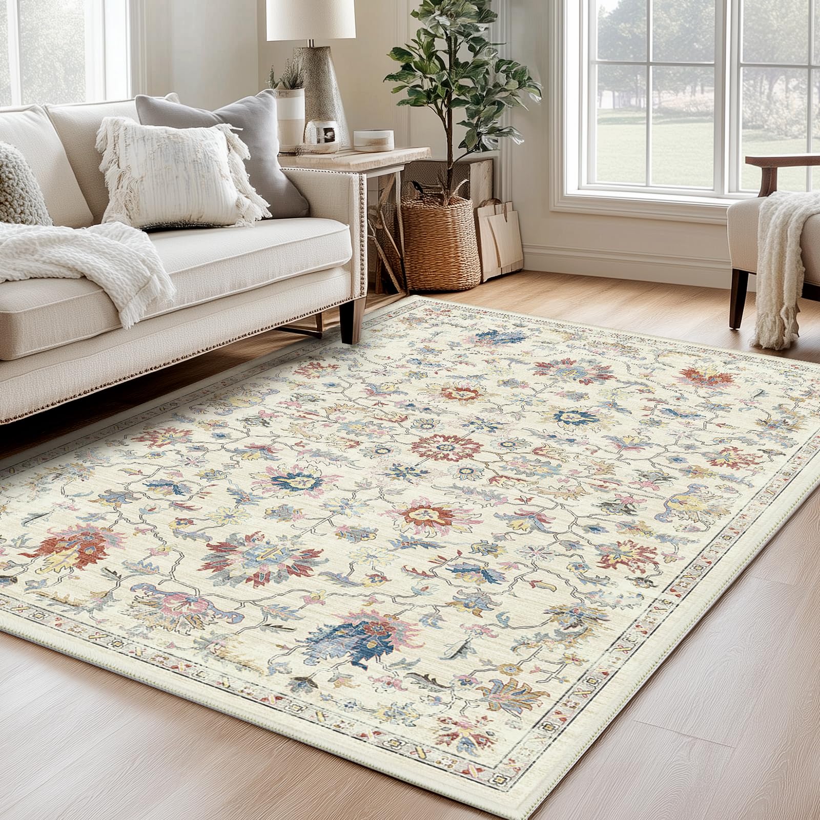 Washable 5X7 Area Rug for Living Room Vintage Rugs, Bedroom Kitchen Rugs, Vintage