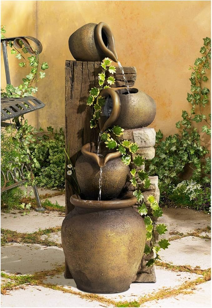 Stoneware Bowl and Jar Rustic Outdoor Floor Water Fountain 46" High