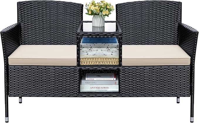 Patio Loveseat Outdoor Wicker Furniture Conversation Set with Soft Cushions & Built-in