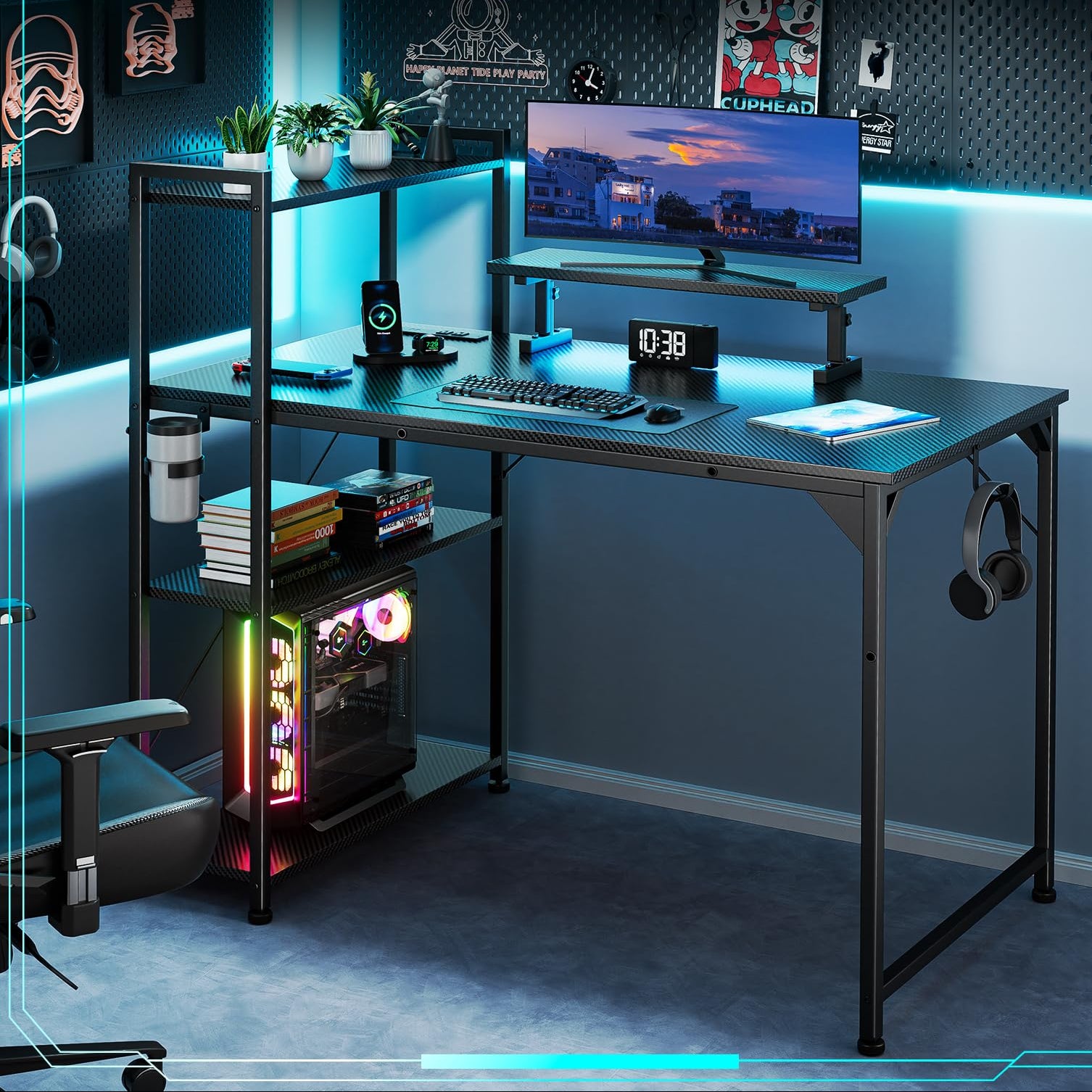 Computer Desk with LED Light, 42-55 Inch Gaming Desk with Reversible Storage Shelves