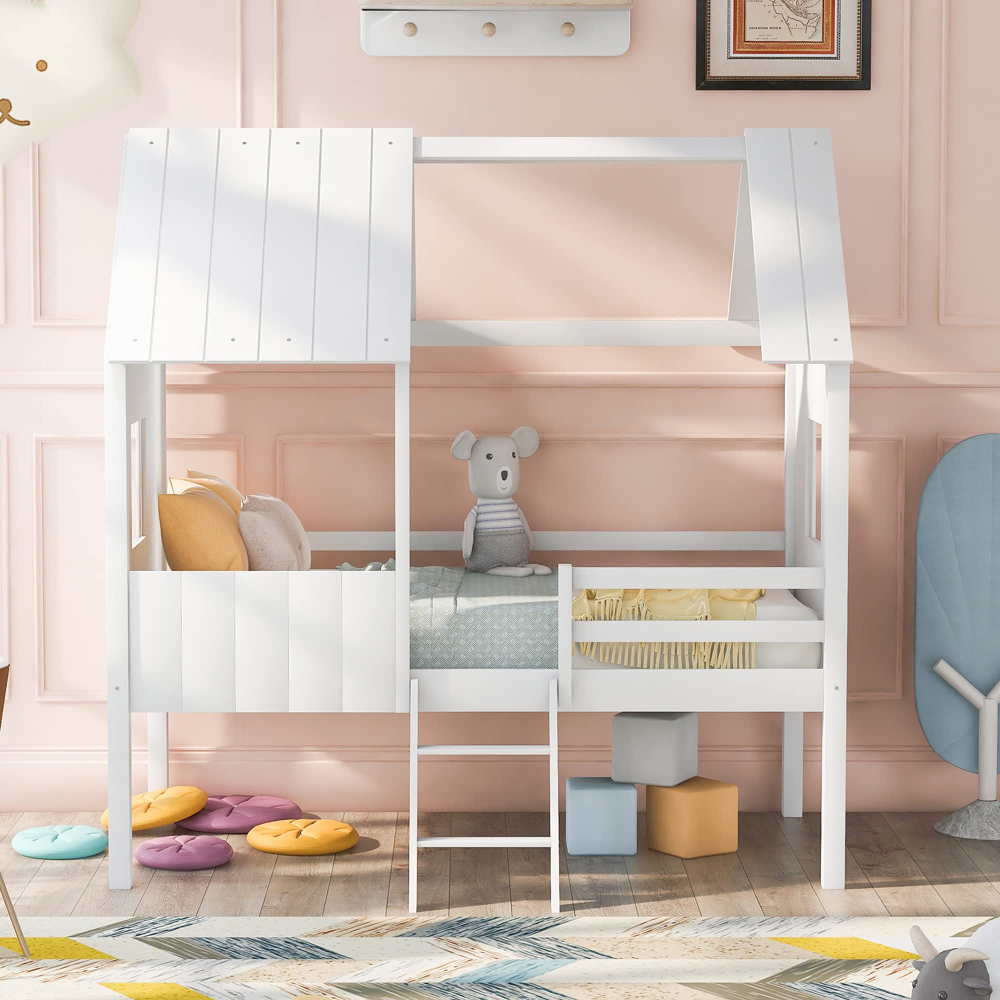 Size Low Loft Bed with Roof and Windows, Wood House Bed with Safety Fence and Two