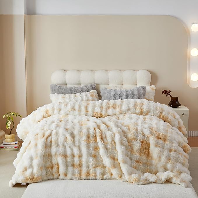 Fluffy Faux Fur Comforter Set, Plush Fuzzy Minky Bedding Set