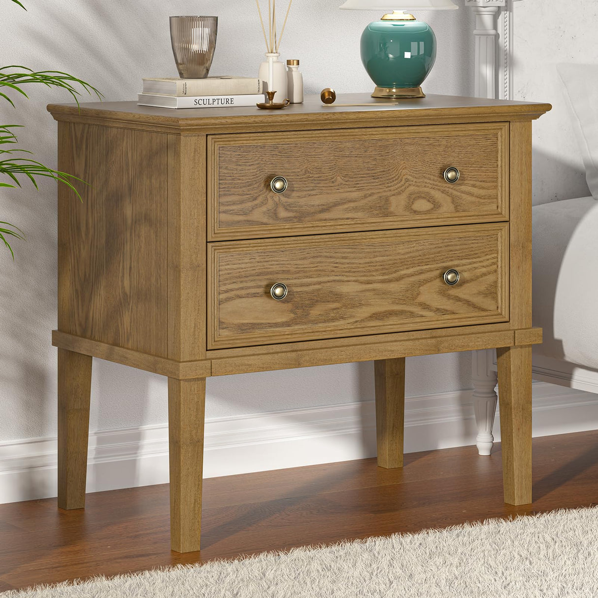 Solid Wood Nightstand with 2 Drawers, Practical Bed Side Table/Night Stan