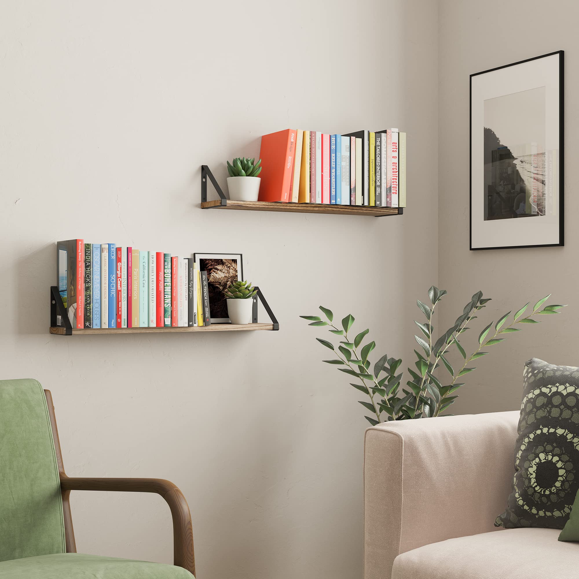 Ponza Floating Shelves for Living Room Wall Decor, 24" Wood Wall Bookshelves