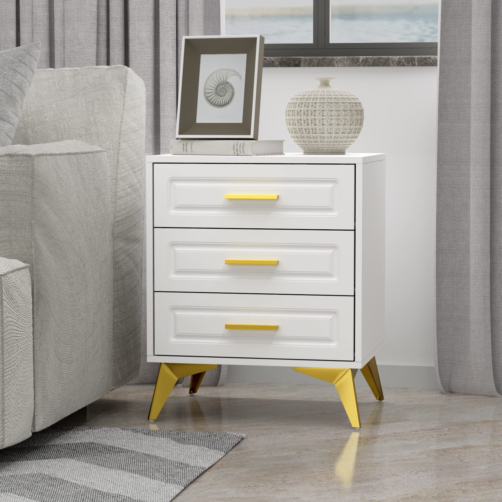 White Nightstand with 3 Drawers, Modern Night Stand with Gold Solid Metal Legs