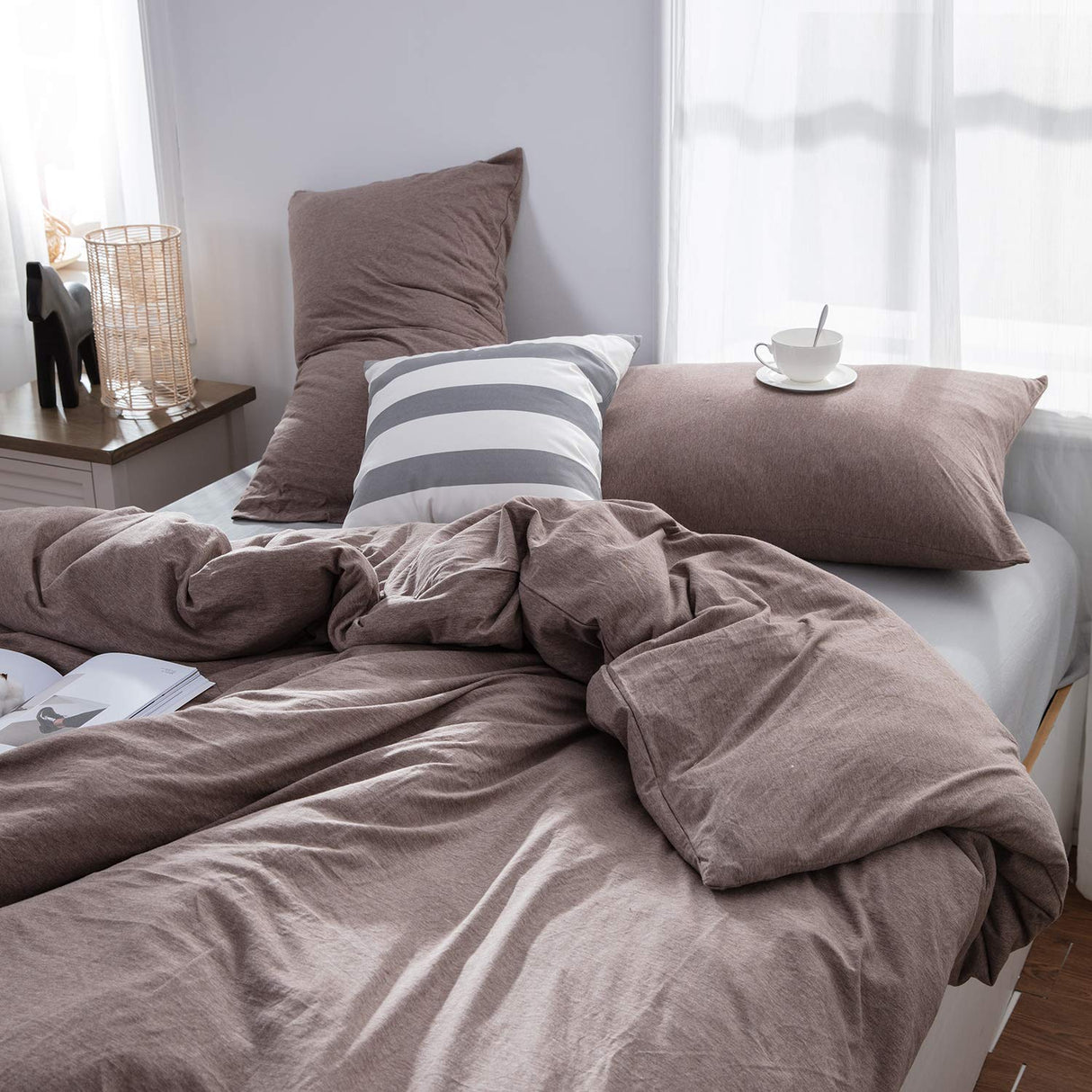 100% Jersey Knit Cotton Duvet Cover Set T-Shirt Feel Bedding Set Ultra Soft Wrinkle-Free (Mocha Brown, King)
