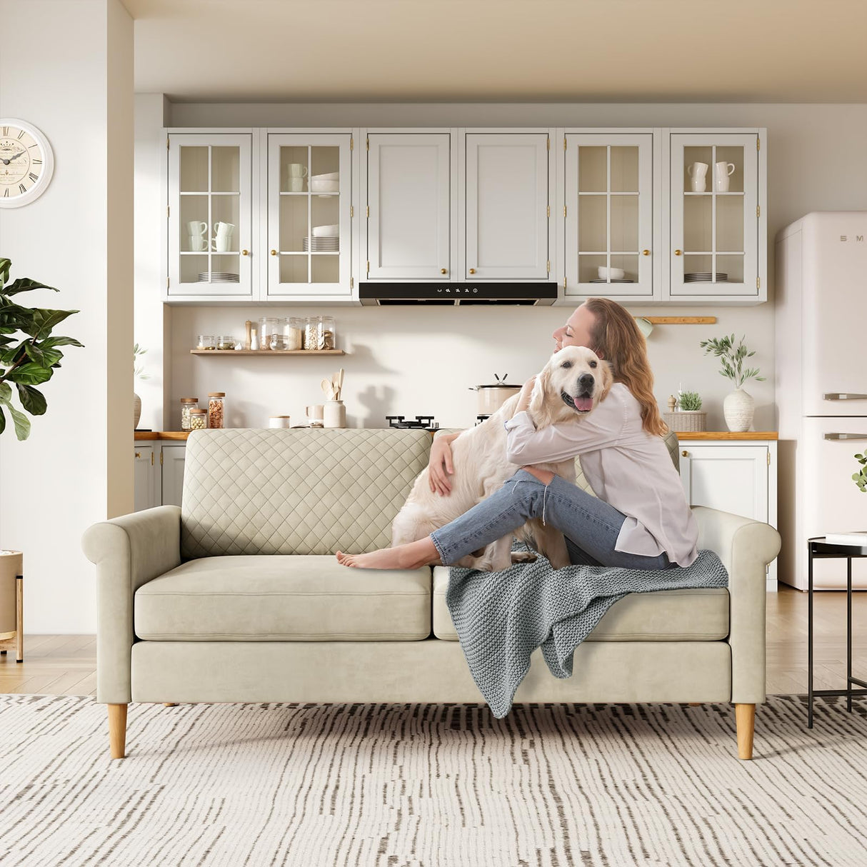 65" Beige Loveseat, Comfy Mid-Century Modern 2-Seat Sofa