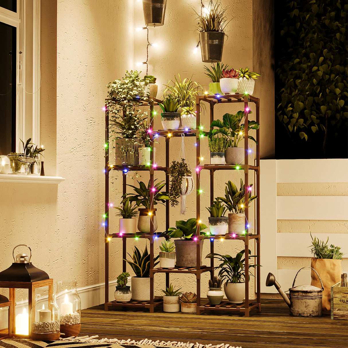 Bamworld Indoor Plant Stand with Fairy Light Hanging Plants Shelf for Multiple Plants Pots Tall Large Flower Holder for Living Room Patio, Balcony Garden