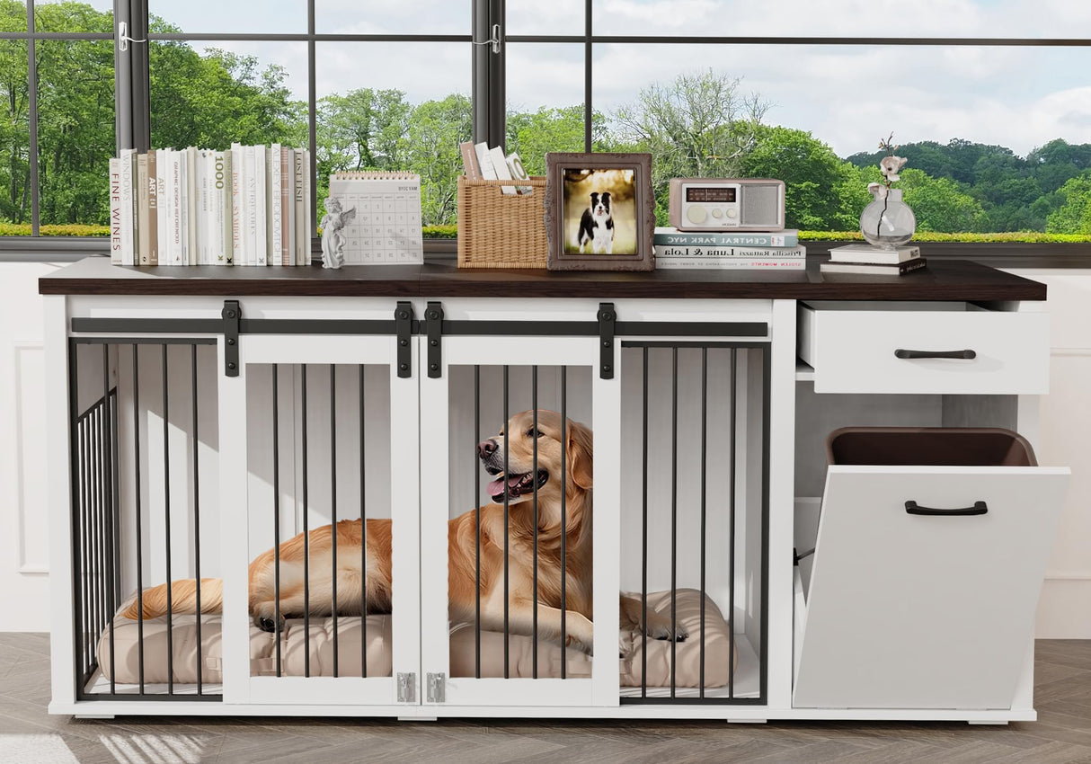 71" Double Dog Crate with Storage - Furniture Style Wooden Kennel