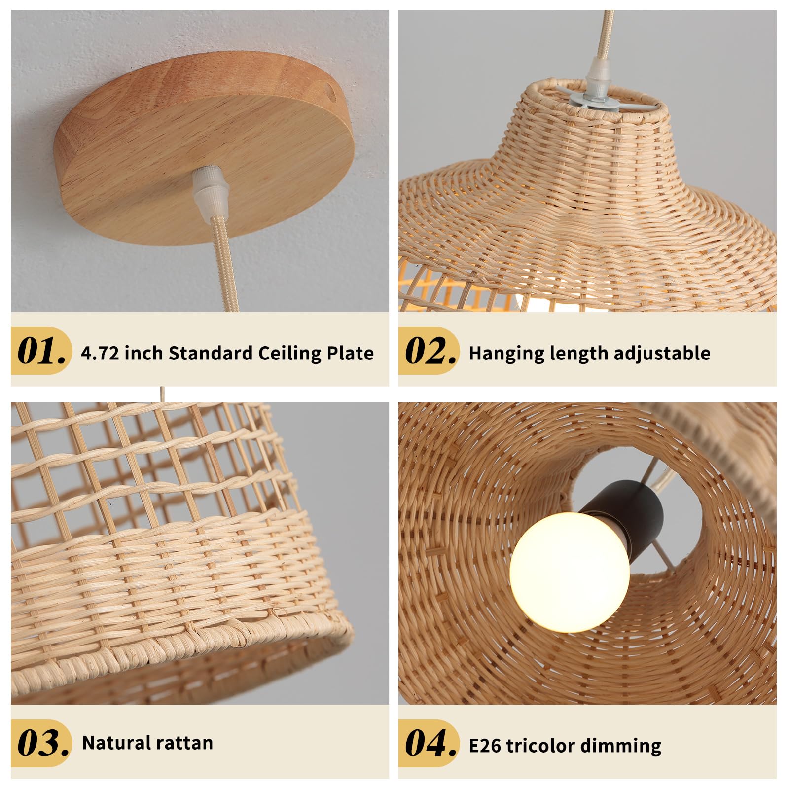 Rattan Pendant Lights, Hand-Woven Wicker Light Fixture for Kitchen Island,