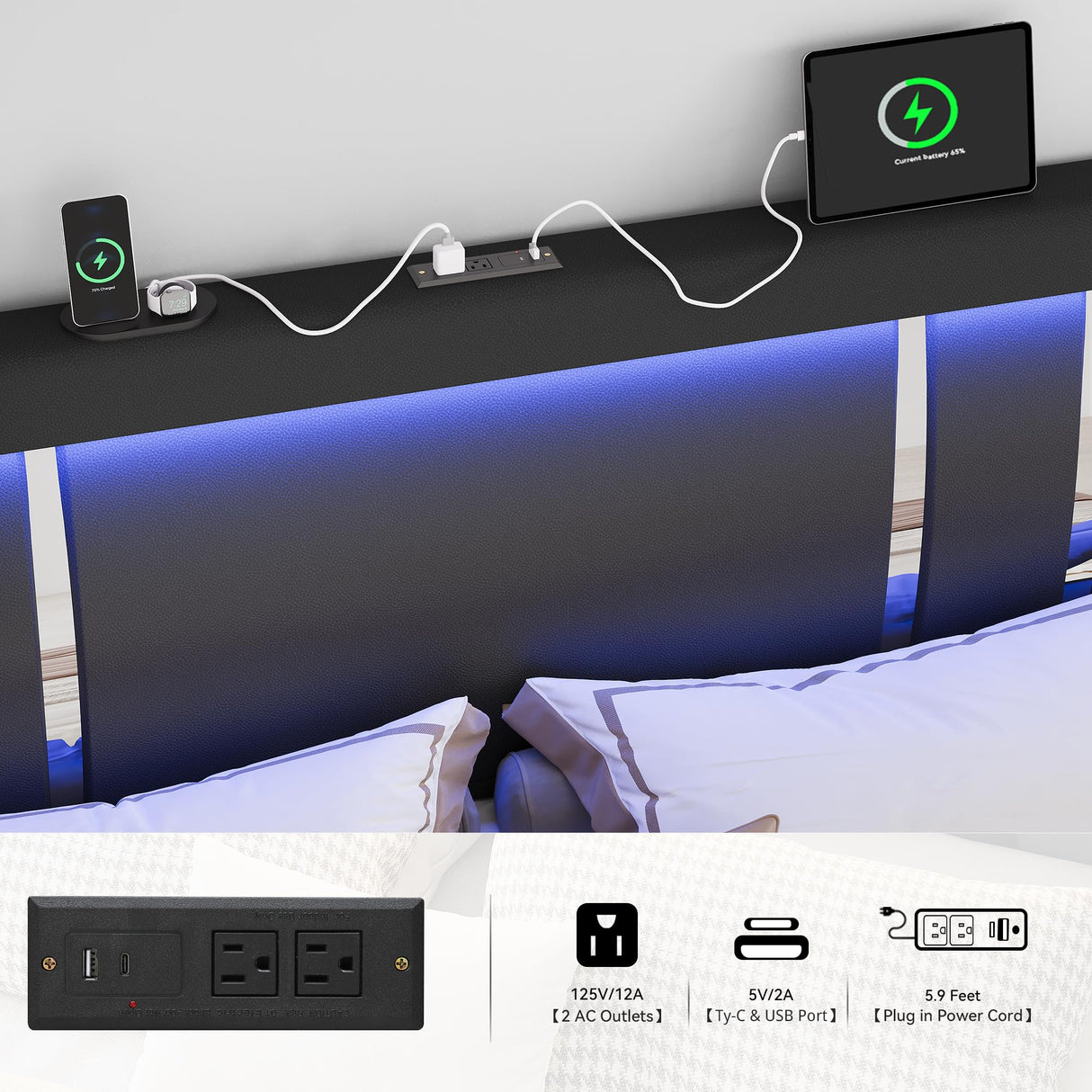 Queen Bed Frame with Adjustable Headboard, Upholstered Platform Bed with RGB LED