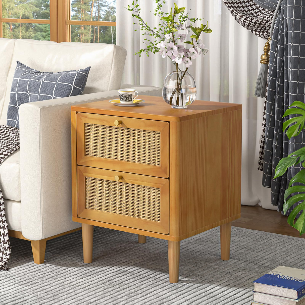 Rattan Nightstand with 2 Drawers, Solid Wood Bedside Table, Boho Night Stand, Easy