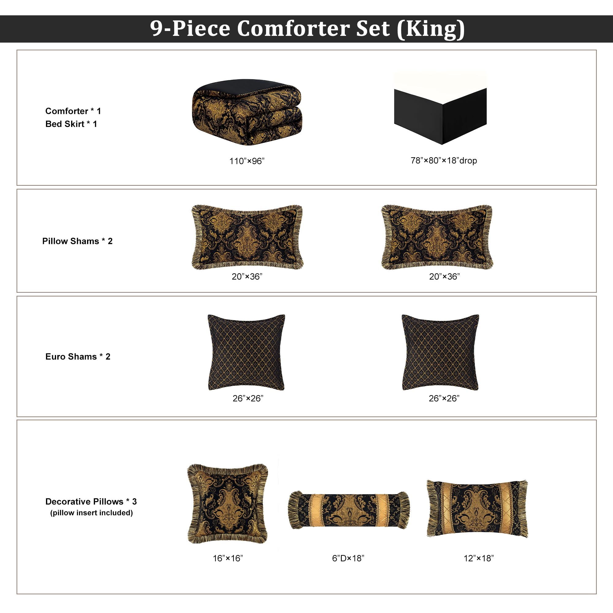 9-Piece Black Damask Jacquard Comforter Set - King