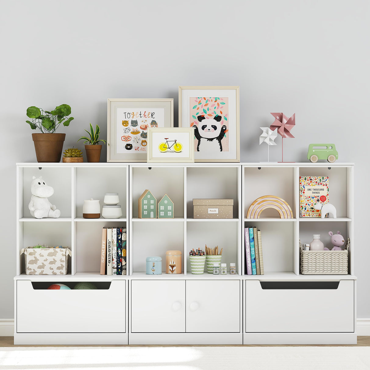 Kids Bookshelf and Toy Storage Organizer, Toddlers Bookcase with Cubbies, Adjustable