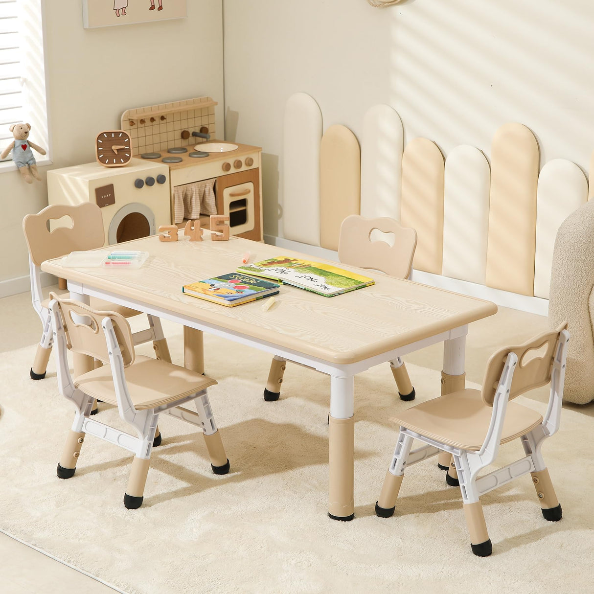 4 Chairs Set, Height Adjustable Toddler Table and Chairs Set, Graffiti Desktop Children