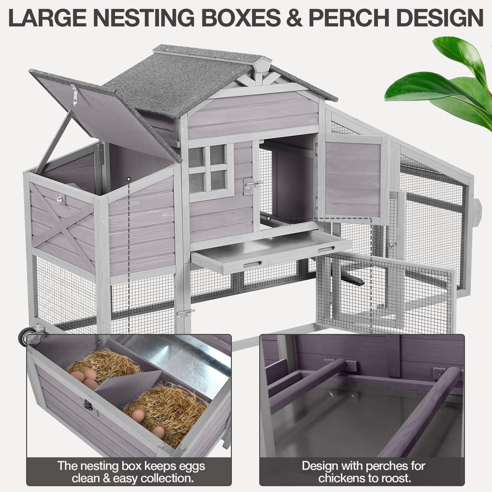 Chicken Coop with Wheels Wooden Outdoor Chicken House Easy Cleaning