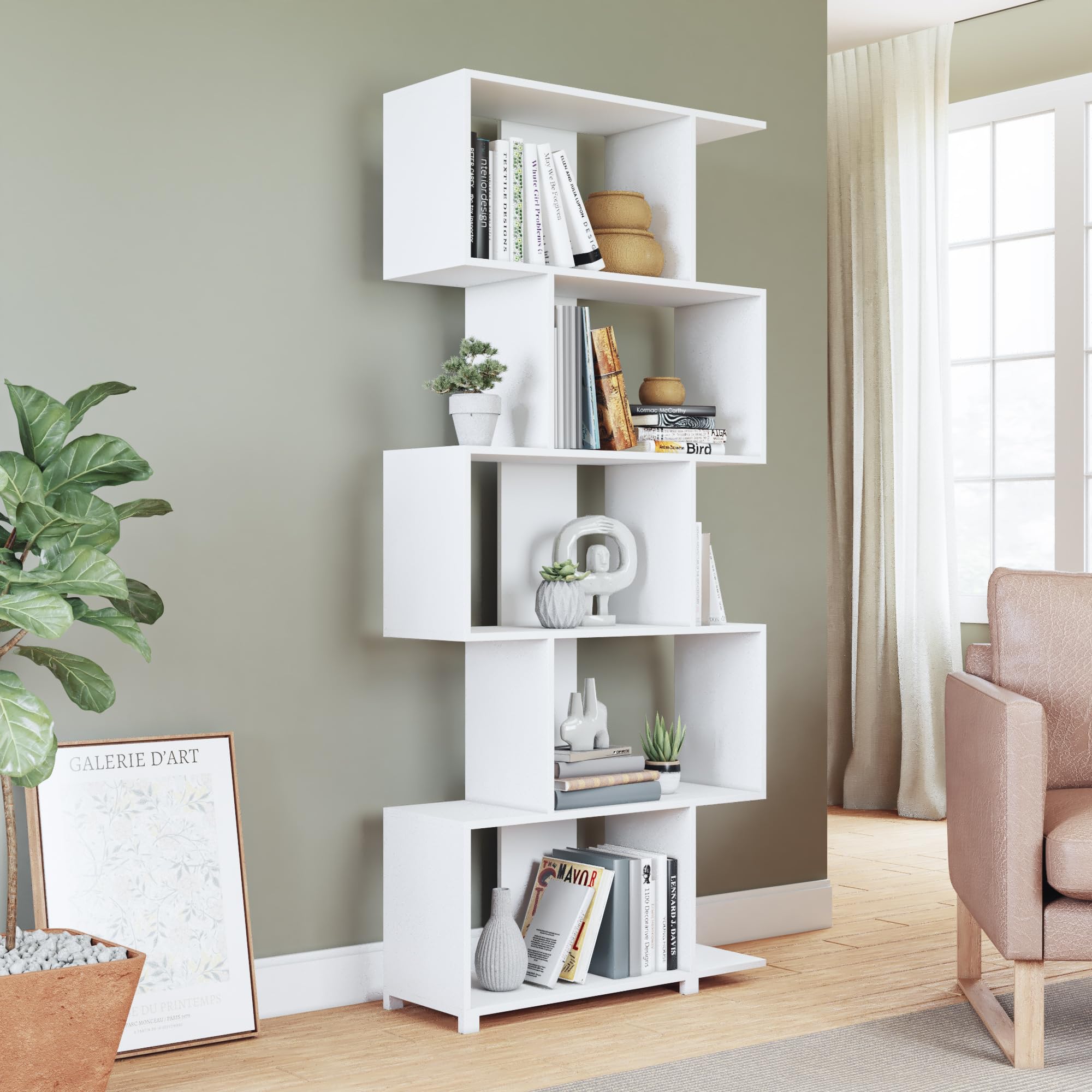 Comfort Petrolina Bookshelf with 5 Zig-Zag Cubbies & Open Shelves, Unique Mid Century Modern Bookcase, Ideal for Living Room, Office, Bedroom, Display Ornaments, Trophies, Photos, White