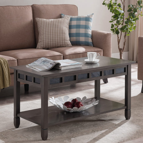 10058-GR Rustic Coffee Table with Shelf, Smoke Gray/Black Slate Stone