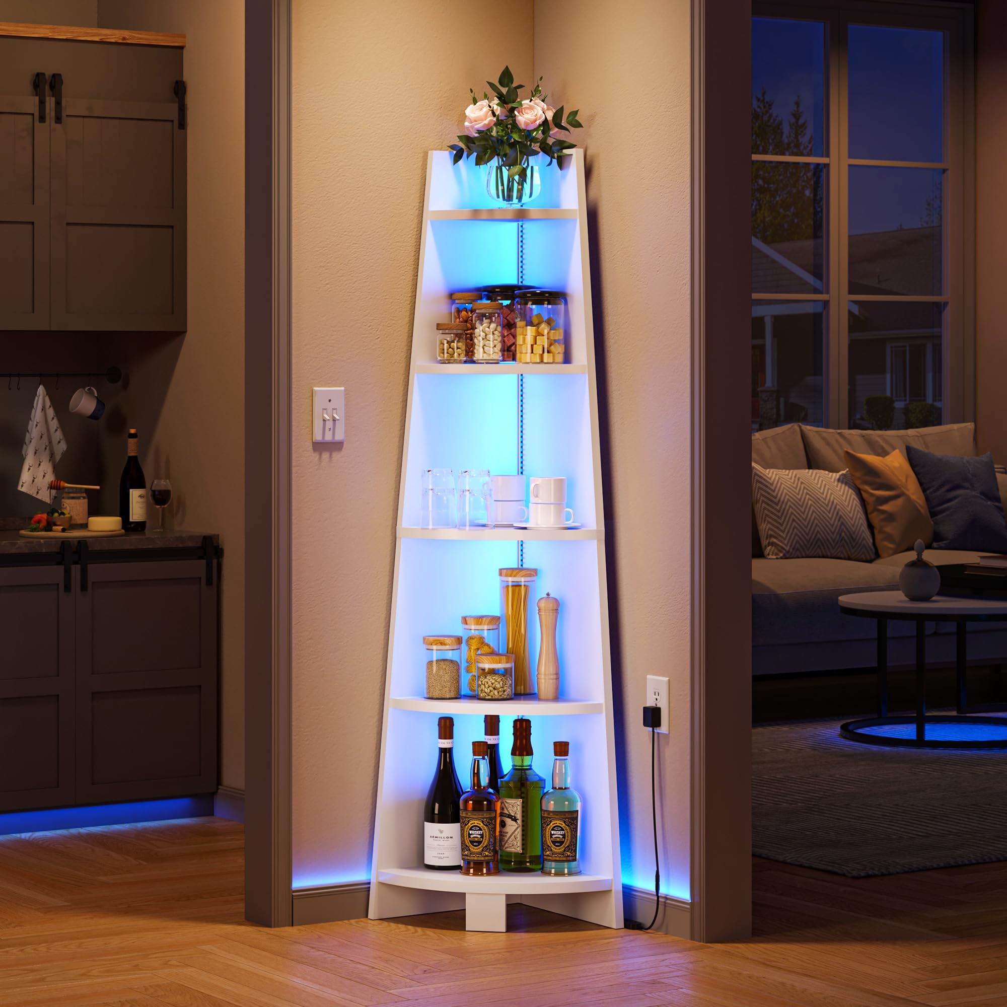 Corner Shelf Stand with Led Light, 70.9" Ladder Corner Bookshelf, Modern 5 Tier Corner Bookcase, Wooden Open Display Shelving Storage Rack for Bedroom, Living Room, Home Office, White