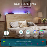 Queen Wood Bed Frame with Ergonomic Headboard, RGB Lights, Outlets & Charger,