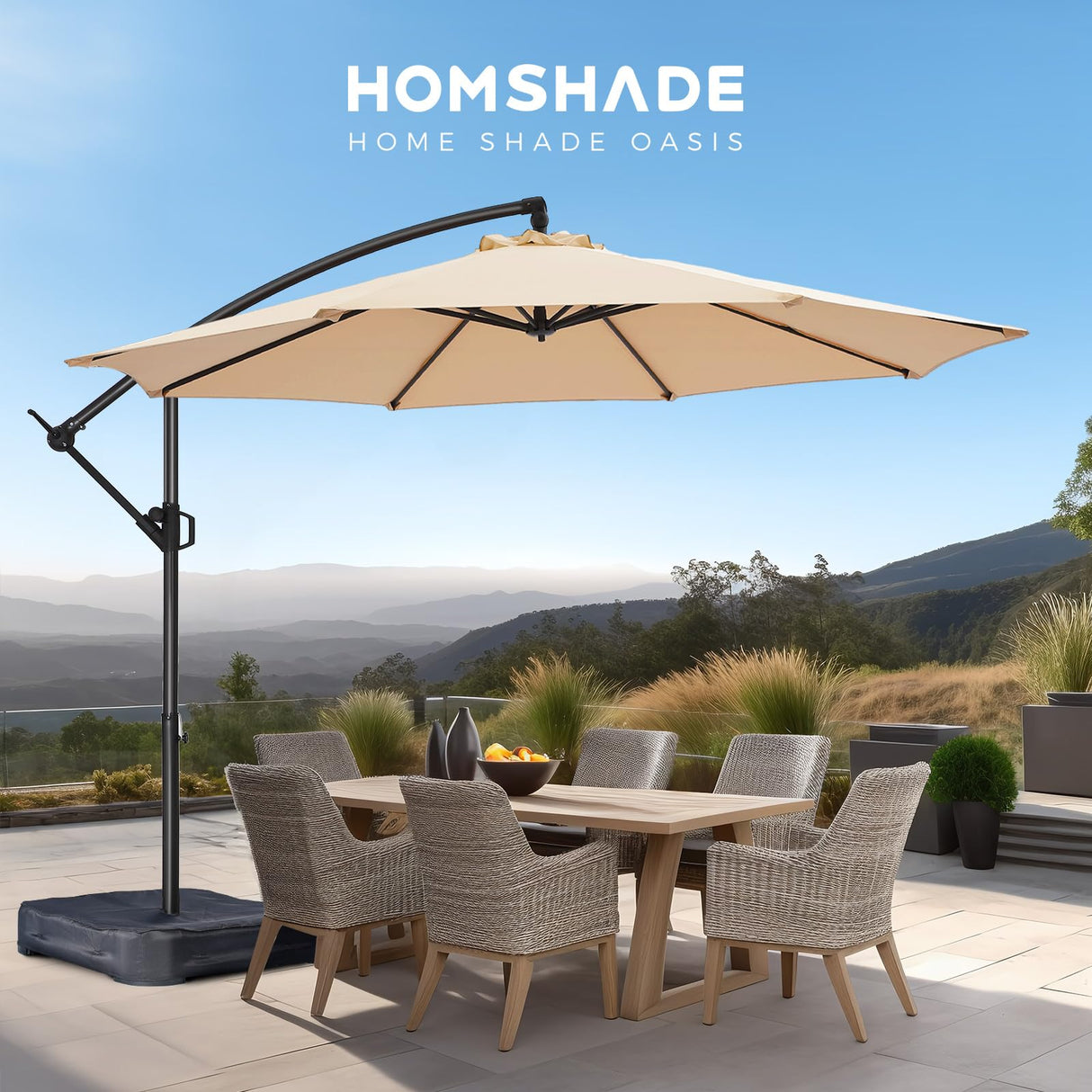 Offset Patio Umbrella - w/Base, Cantilever Offset Hanging Patio Outdoor Market Umbrella