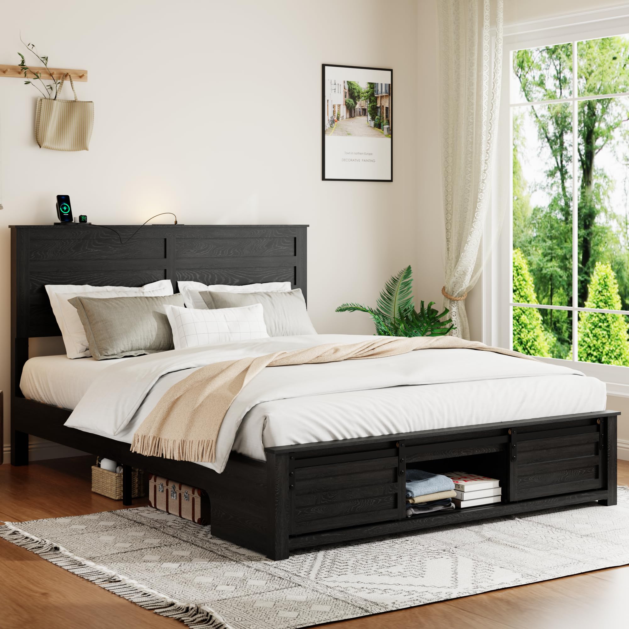 Full Size Wooden Bed Frame with Headboard and Storage