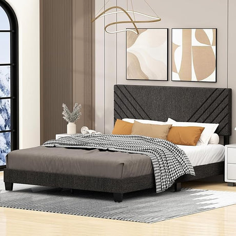 Queen Bed Frame with Headboard, Linen Upholstered Platform Bed Frame with Wood Slats Support, Queen Size Bed Frame with Adjustable Headboard and No Box Spring Needed (Grey Checkerboard)