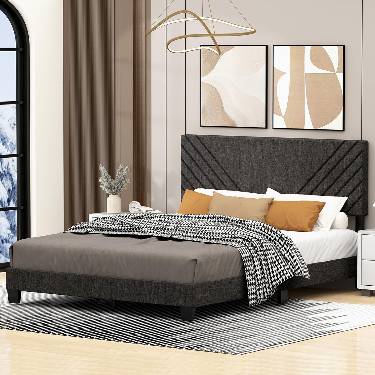 xiweot Queen Size Bed Frames with Headboard, Linen Upholstered Platform Bed Frame with Wood Slats Support, Queen Bed Frame with Adjustable Headboard，Queen Bed Frame No Box Spring Needed (Grey Sutra)