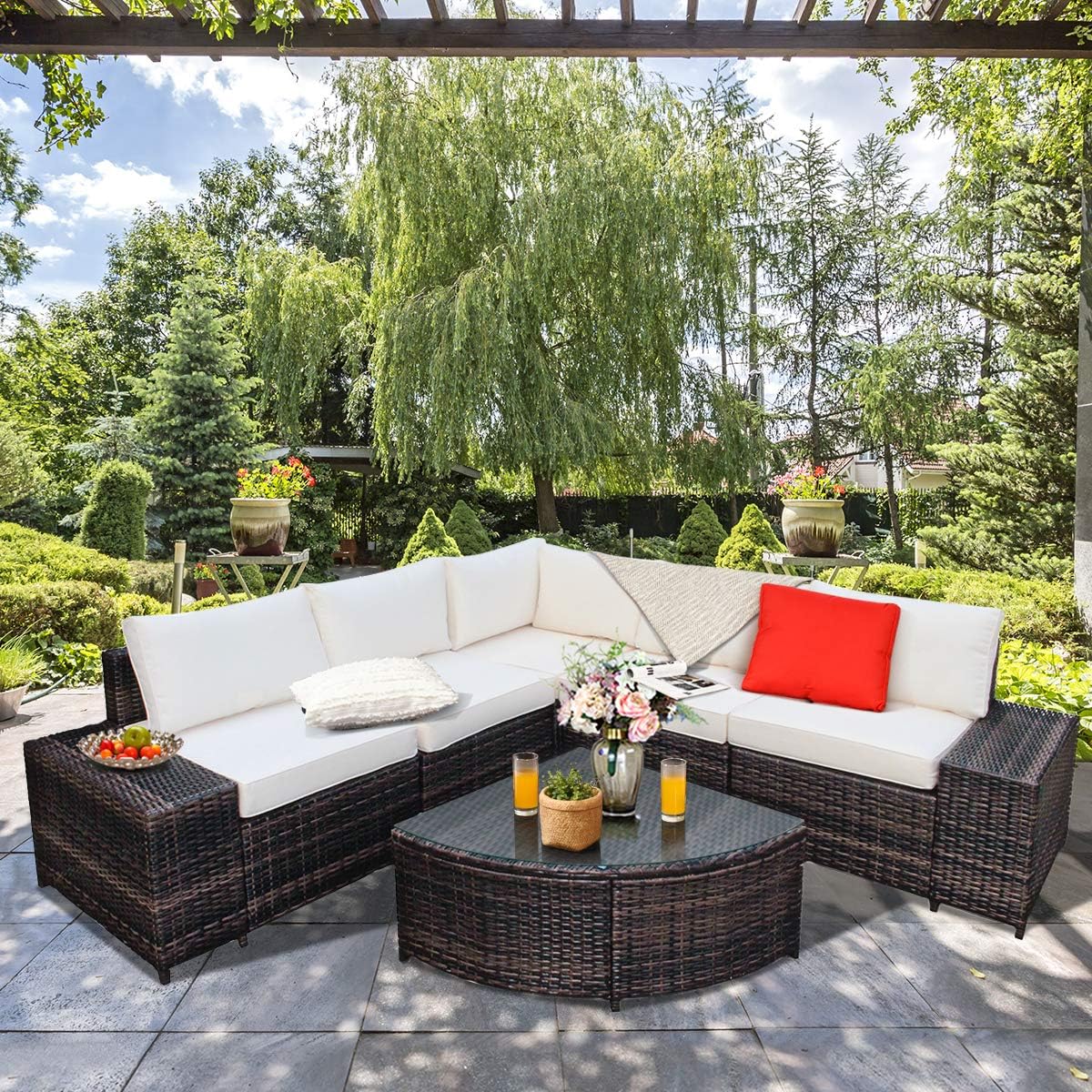 Tangkula 6 Piece Wicker Patio Furniture Set, Outdoor All Weather PE Rattan Conversation Set w/Tempered Glass Coffee Table, Sectional Sofa Set w/Comfortable Cushions for Backyard, Garden (White)