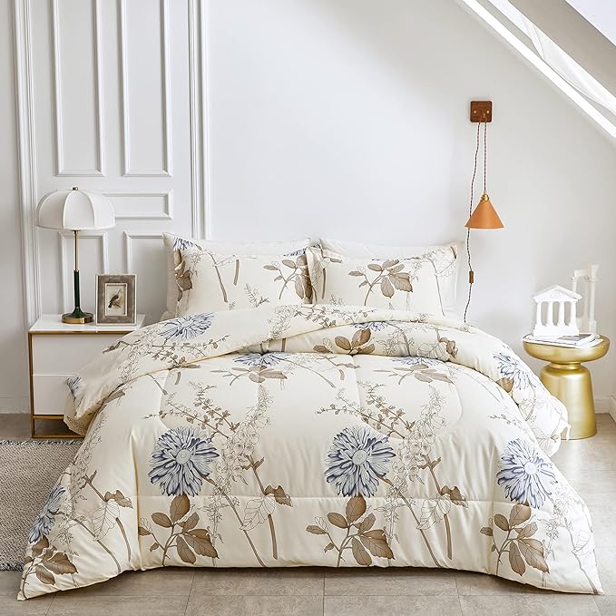 3pcs Floral Comforter Set Aqua, Elegant Flower Reversible Design, Twin Size Smooth Soft