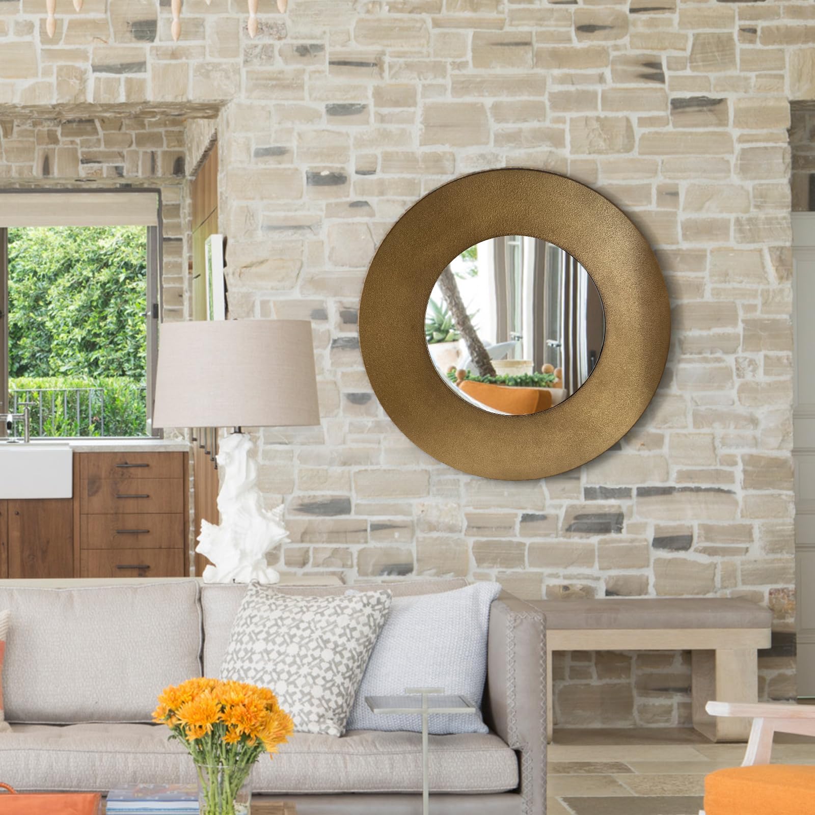 27 Inch Round Wall Mirror - Vintage Bronze Metal Frame