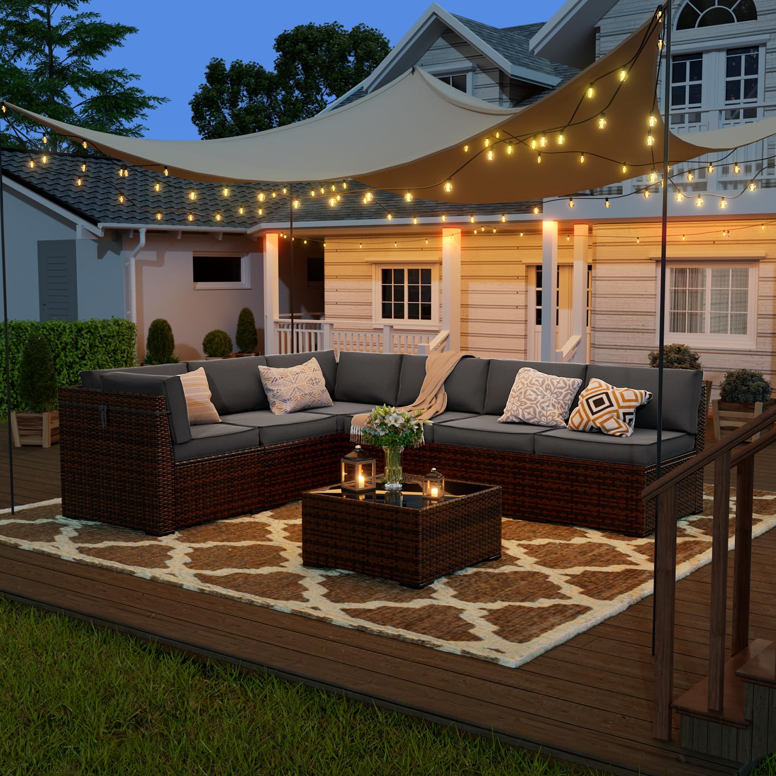 7 Pieces Patio Furniture Set, Outdoor Furniture Sectional Sofa Set with Slanted Back