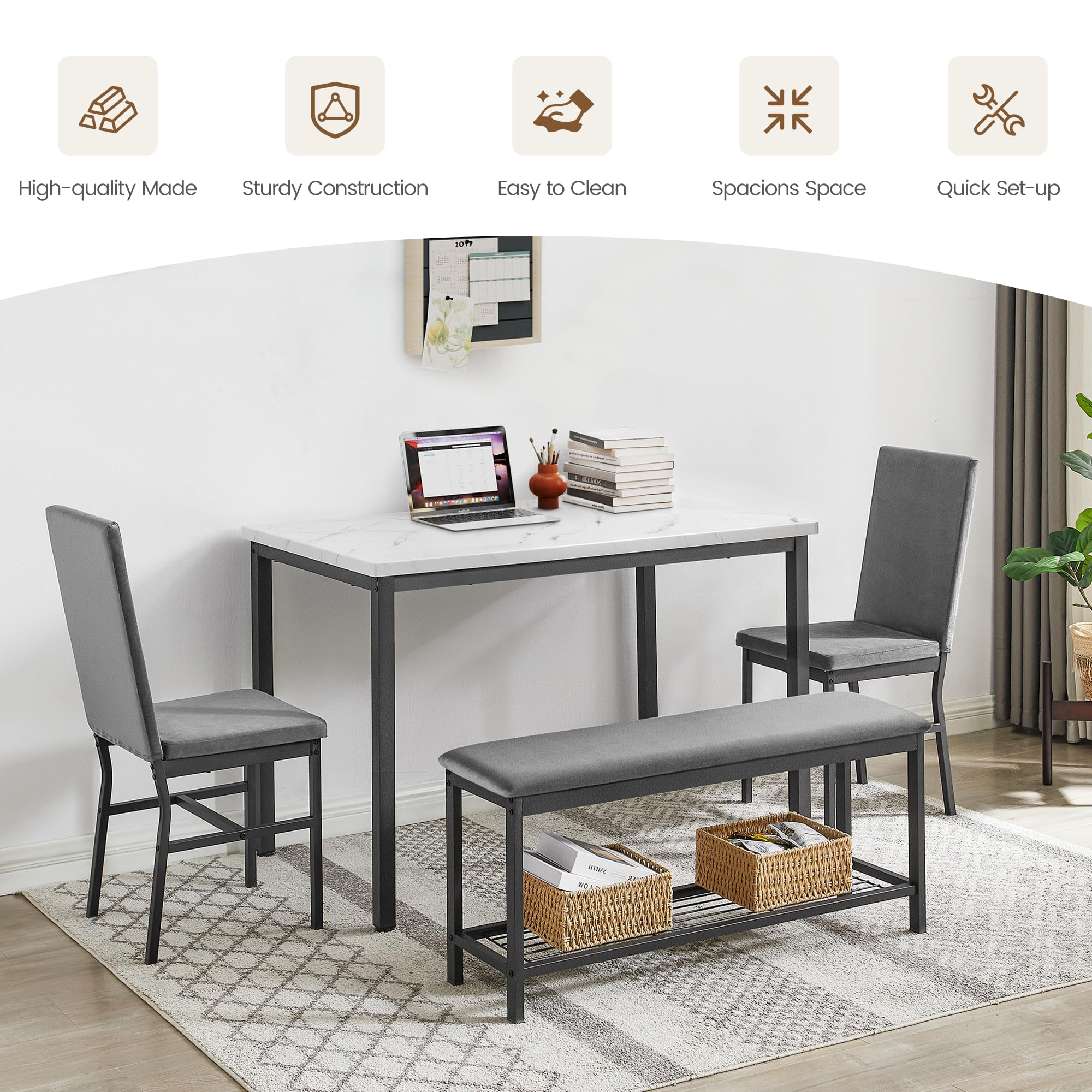 47.2" Faux Marble Dining Table Set for 4 with Velvet Chairs and Bench