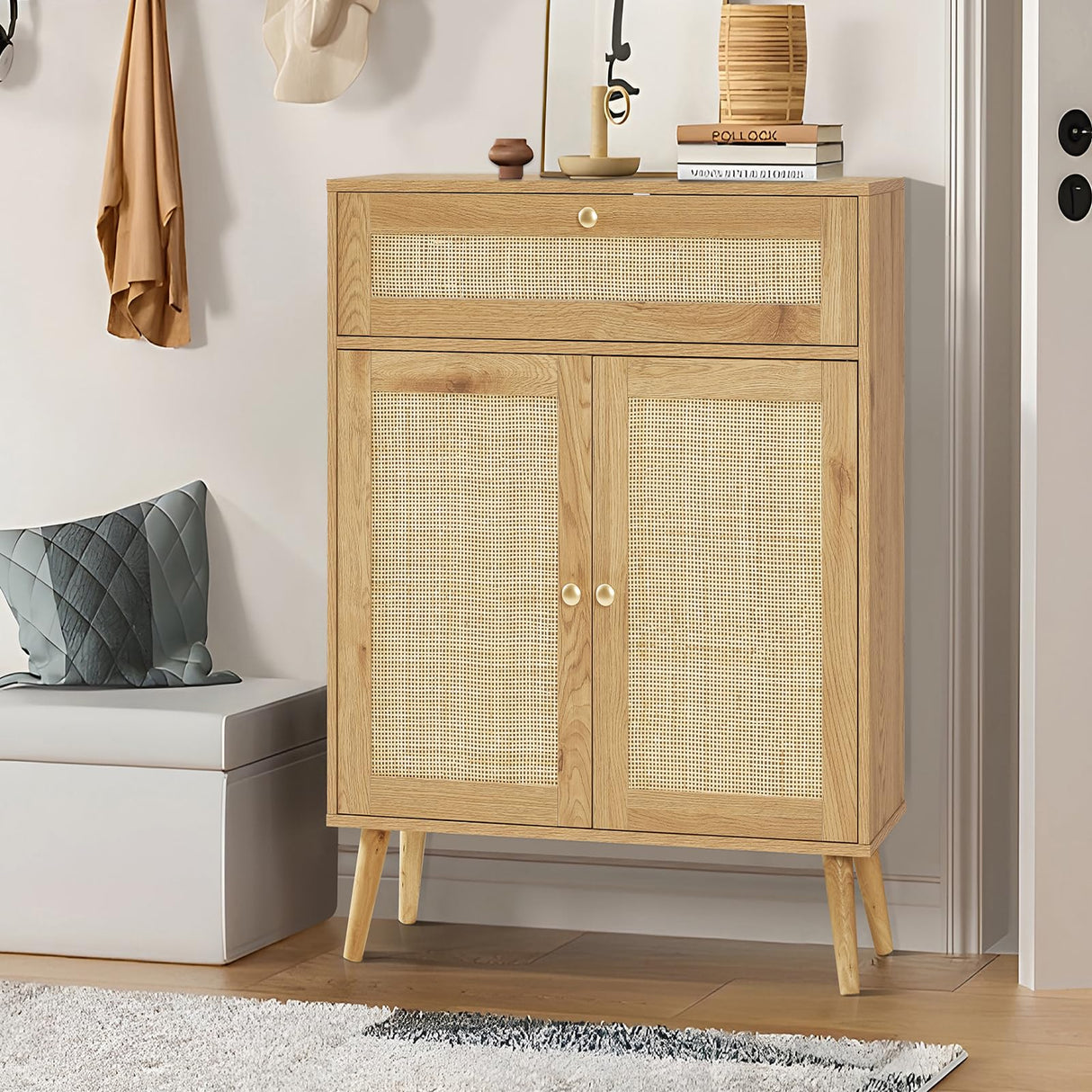 Storage Cabinet, Rattan Cabinet with Adjustable Shelf & Large Drawer, Accent Cabinet